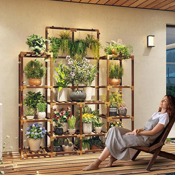 EnHomee Plant Stand Indoor Tall Plant Stand Outdoor Large Wood Plant Shelf Indoor for 18 Pots Plants,4-tiers Plant Holder for Patio Living Room Gardening Balcony 45" Wx62.1 Hx11.78 D