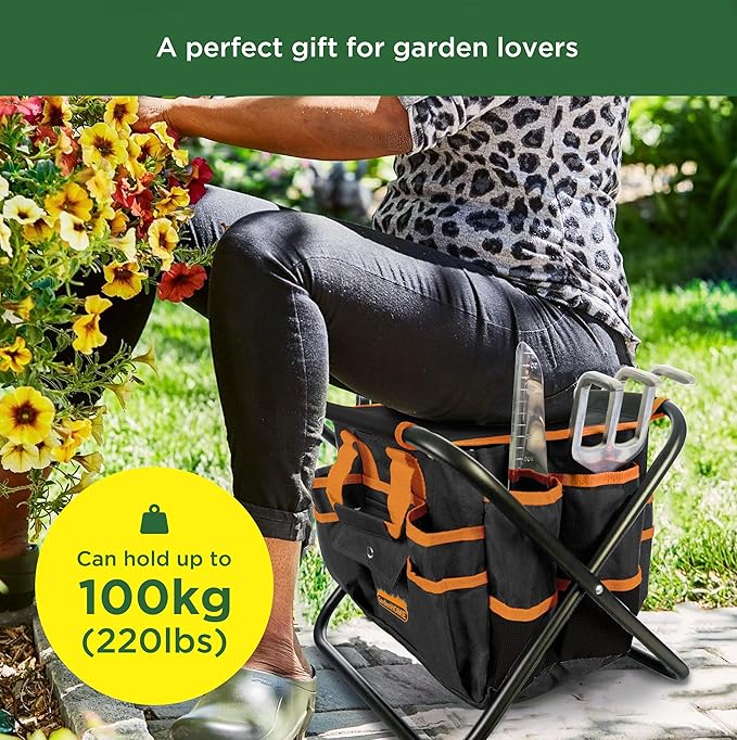 Gardening Tool Set, Stainless Steel 7-Piece Gardening Tools with Heavy-Duty Folding Stool and Detachable Canvas Tote Bag, Black and Orange, Ideal Gardening Gifts for Women and Men