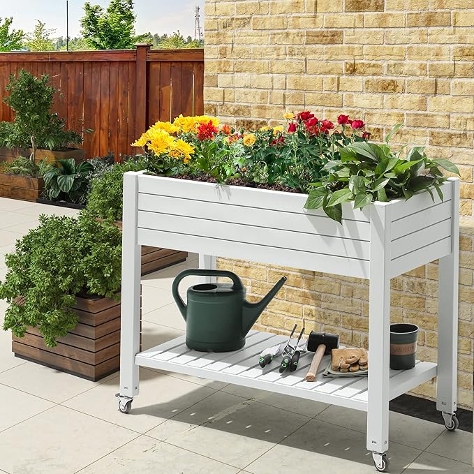 YITAHOME 3.6x1.5x2.8 FT Elevated Garden Bed Kit with Legs and Wheels, Outdoor Large Resin Planter Box Stand with Drain Plug and Storage Shelf for Plants Vegetables Fruits, Grayish-White