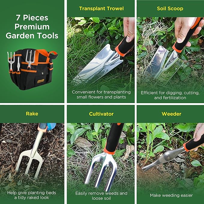 Gardening Tool Set, Stainless Steel 7-Piece Gardening Tools with Heavy-Duty Folding Stool and Detachable Canvas Tote Bag, Black and Orange, Ideal Gardening Gifts for Women and Men