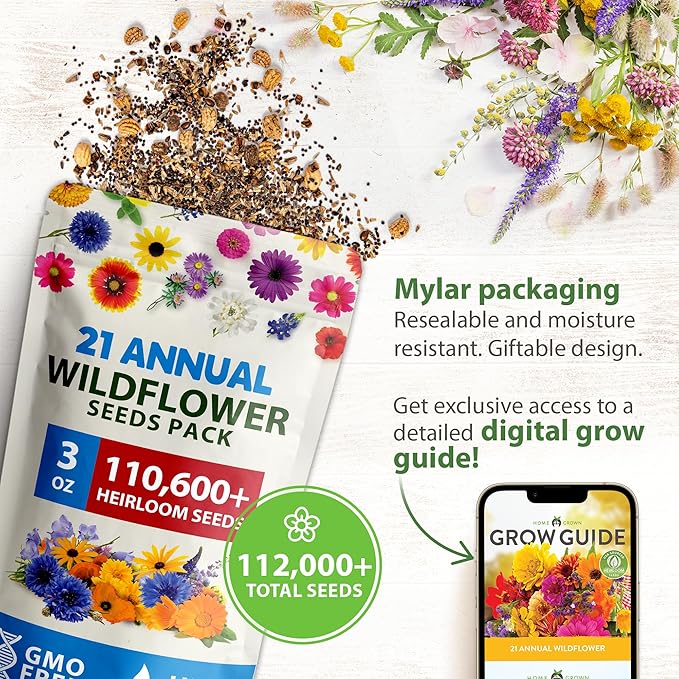 HOME GROWN 112,000+ Wildflower Seeds: Bulk Mix of 21 Varieties, Non-GMO Wild Flower Seed, Bee and Butterfly Garden Variety Pack, Annual Flowers Seeds for Planting, Native Wildflowers for Your Garden