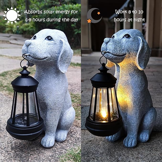 Solar Dog Outdoor Garden Statue with LED Light,Dog Solar Lights Lantern Outside Decorations for Yard, Lawn Decor Statue for Patio, Balcony, Yard Ornament,Unique Dog Gifts for Mom