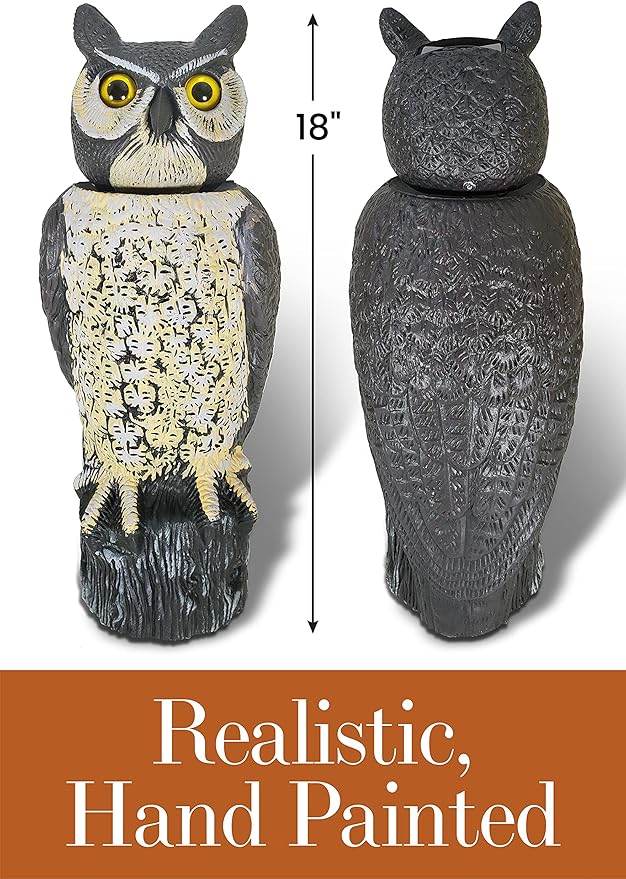 Dalen SOL-R Action Solar Fake Owl Decoy to Scare Birds Away from Gardens, Rooftops, and Patios - Safe and Humane, 18" 360º Rotating Head