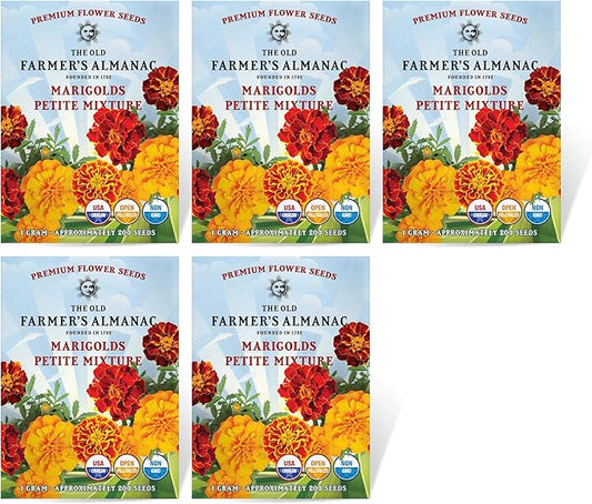 The Old Farmer's Almanac Petite Mixture Marigold Seeds - Premium Non-GMO, Open Pollinated, USA Origin (5 Packets - 5 Grams - Approx 1000 Seeds)