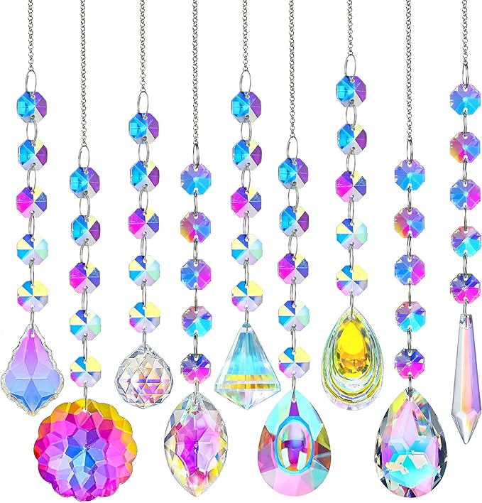 KANPURA 9 PCS Crystal Rainbow Suncatchers, Hanging Crystals Sun Catchers with Chain for Windows, Colorful Suncatcher Prism Pendant Hanging Crystals for Home Wedding Decor