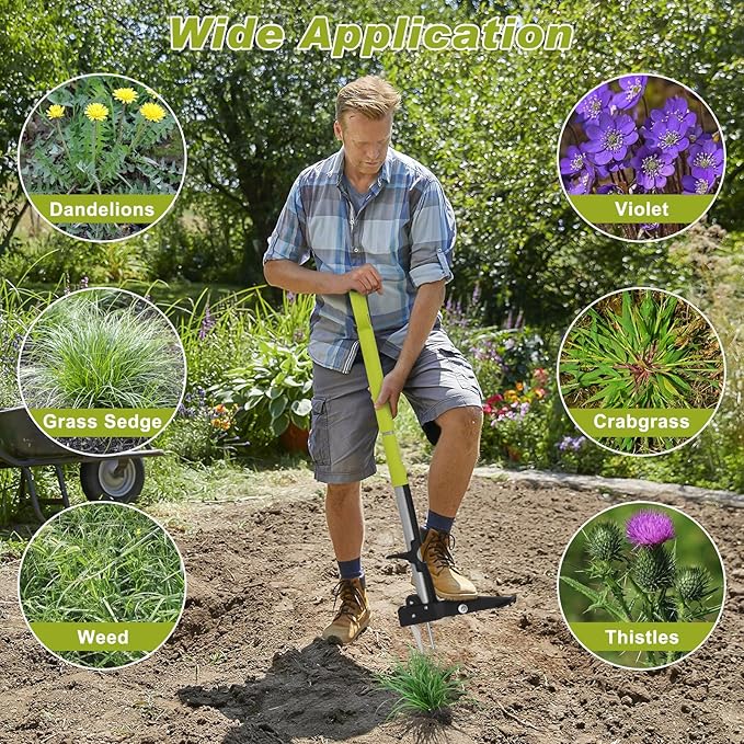 4-Claw Weed Puller Tool All-in-one with Long Handle Adjustable 39" to 47",Stand Up Weed Puller Tool for Yard, Gardening Weeding Tool Stainless Steel Claws, (No Assembly)
