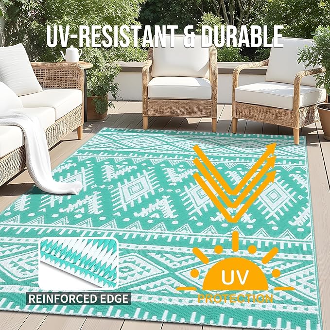 OLANLY Outdoor Rug Waterproof 4x6 ft, Reversible Outdoor Plastic Straw Rug, Boho Patio Rug, Indoor Outdoor Carpet, RV Mat Outside for Patio, Camp, Picnic, Balcony, Deck, Backyard, Turquoise & White