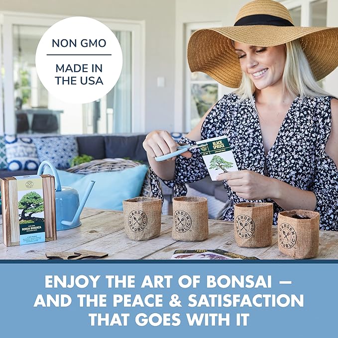 Bonsai Tree Seeds Kit - 8 Popular Varieties of Non GMO Mini Bonsai Trees, Bamboo Plant Markers, Wood Gift Box - Bonzie Tree Seed Starter Kits, Grow Bonzai Indoor, Fathers Day Gardening Gifts Idea