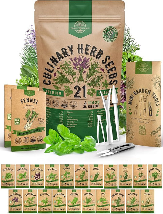 21 Culinary Herb Seeds Variety Pack - Heirloom, Non-GMO, Herb Seeds for Planting Outdoor and Indoor - Home Gardening. Over 11,400+ Seeds Including Rosemary, Thyme, Oregano, Mint, Basil, Parsley & More