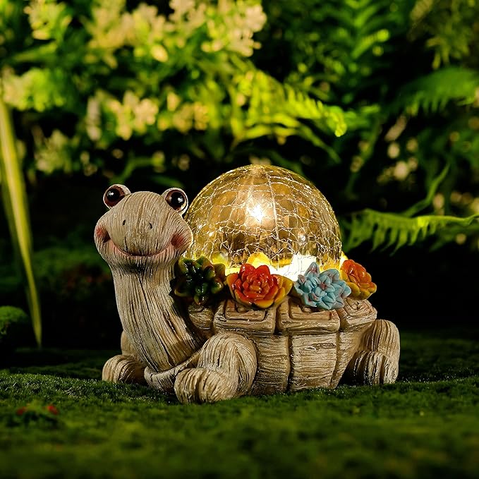 Solar Turtle Statue Garden Decor with Succulent Cracked Glass LED Lights Outdoor Decor Tortoise Figurines for Yard Lawn Balcony Patio Mom Decorations Women Birthday Housewarming Gifts