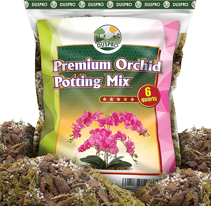 DUSPRO 6QT Orchid Potting Mix for Repotting with Moss Pine Bark Mulch Perlite Stone & Coco Peat Natural Ingredients, Orchid Bark Potting Mix, Orchid Repotting Kit Drainage Indoor Potting Medium Great
