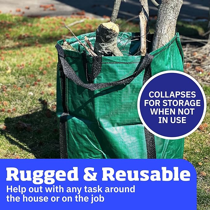 DURASACK Heavy Duty Home and Yard Waste Bag 48-Gallon Woven Polypropylene, Reusable Lawn and Leaf Garden Bag with Reinforced Carry Handles, Pop-Up Self-Standing Garbage Can, Green