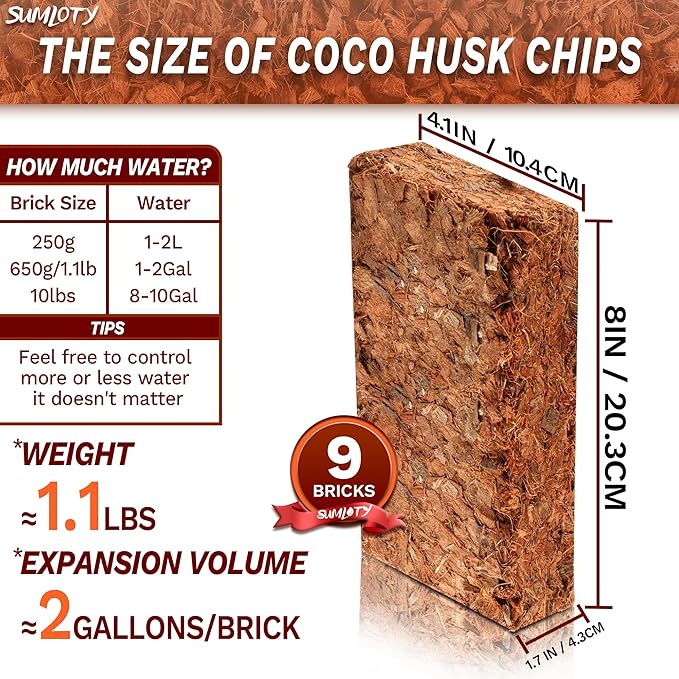 Coco Chips for Plant - COCOUNT SHEL 9 Pack Organic Coconut Husk Chips with Low EC & PH Balanced, High Expansion Coconut Substrate Coco Husk Mulch for Garden, Flowers and Reptile