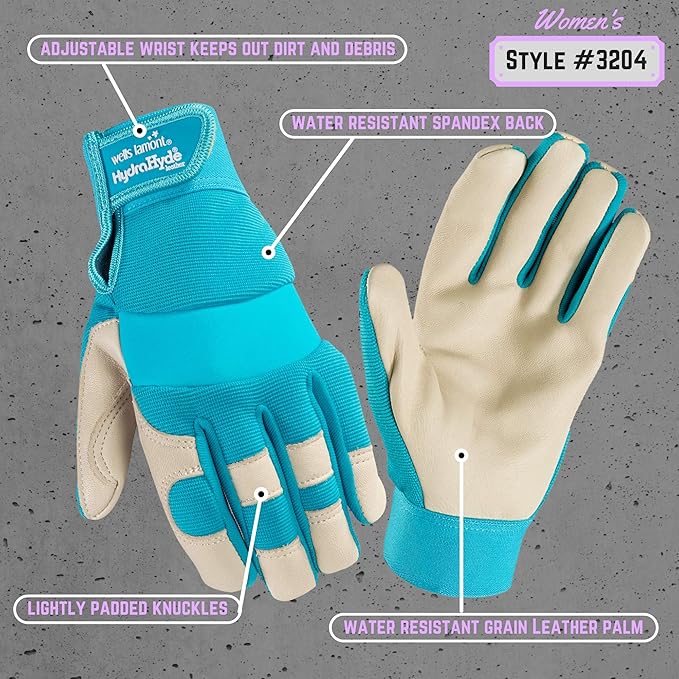 Wells Lamont Women's Hybrid Work/Gardening Gloves | Water-Resistant HydraHyde Leather | Large (3204L), Aqua