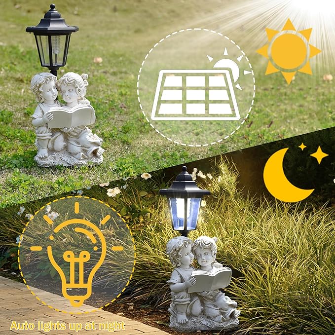 Solar Garden Outdoor Decor Statues Boy and Girl Reading Book with Light,Outside-Outdoor Decorations Sculptures for Patio Yard Lawn Walkway Ornaments Clearance Gifts for Mom Grandma Birthday