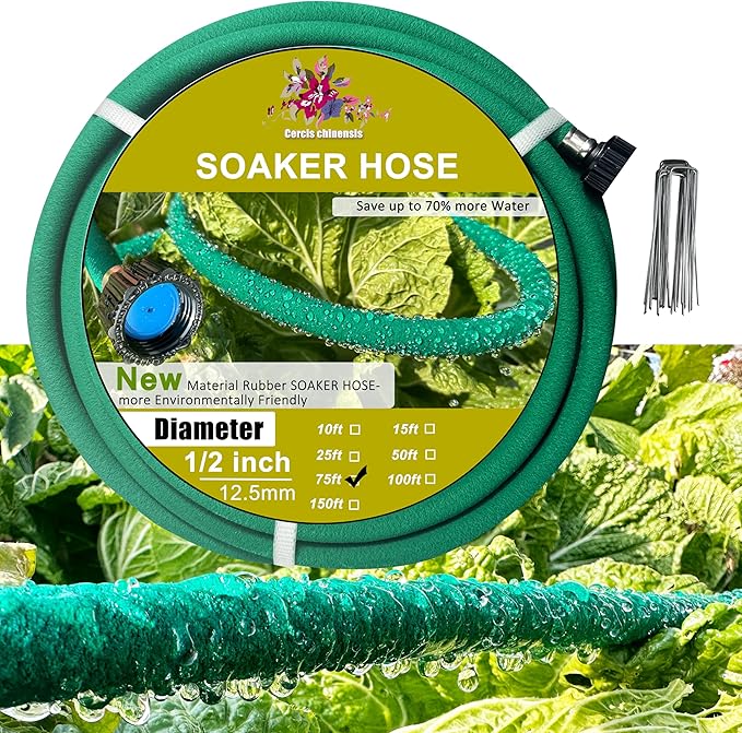 Soaker Hose 1/2inchx 75ft,Green Rubber Hose Water Saving up to 70%,Durable Flexible Soaker Hose that irrigation for Patio Lawn,Trees,Vegetables and Flowers. …