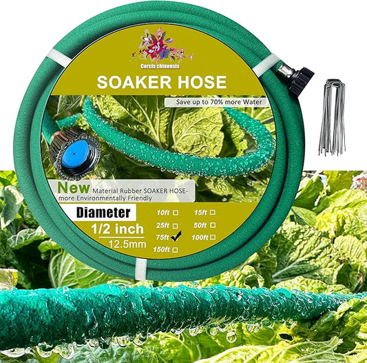 Soaker Hose 1/2inchx 75ft,Green Rubber Hose Water Saving up to 70%,Durable Flexible Soaker Hose that irrigation for Patio Lawn,Trees,Vegetables and Flowers. …