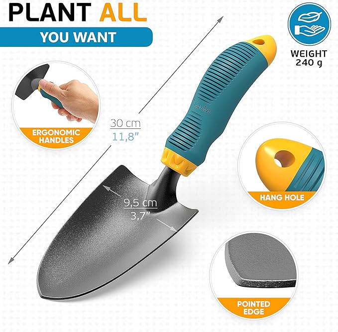 Gardening Tools Set from Alloy Steel - Heavy Duty Garden Tool Set with Light & Rubber Non-Slip Handle - Gardening Tool Kit - Ergonomic Garden Hand Tools - Gardening Gifts for Men and Women
