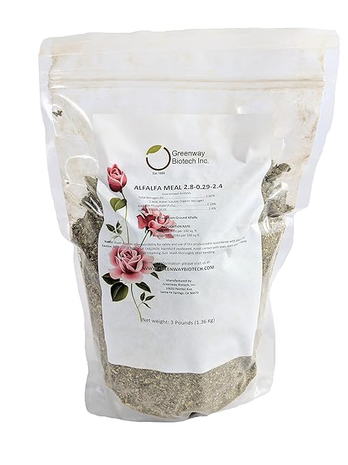 Greenway Biotech Alfalfa Meal 2.80-0.29-2.40- Rose, Flower, Plant & Vegetables Fertilizer with Essentials Minerals, & Nitrogen- Ideal for Alkaline Plants-3 Pounds