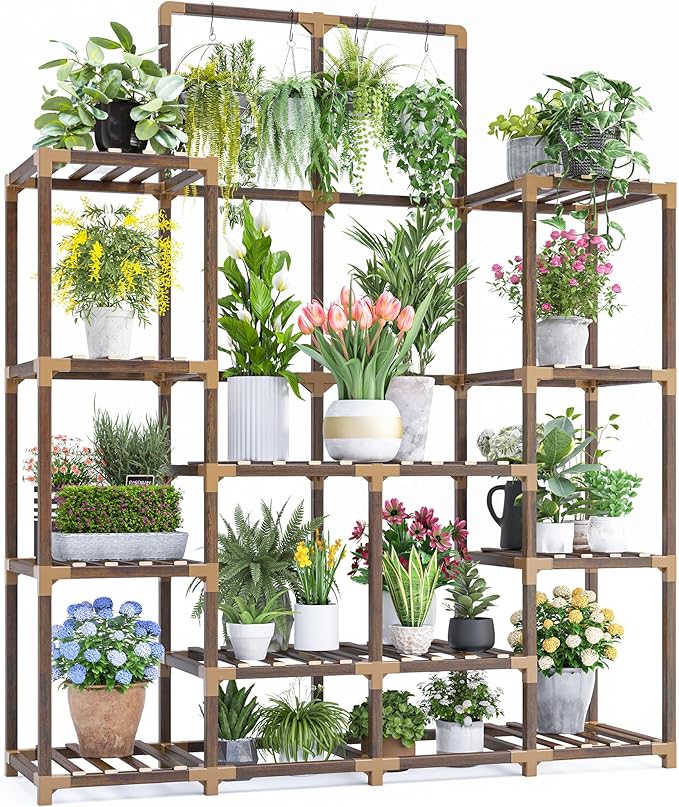 EnHomee Plant Stand Indoor Tall Plant Stand Outdoor Large Wood Plant Shelf Indoor for 18 Pots Plants,4-tiers Plant Holder for Patio Living Room Gardening Balcony 45" Wx62.1 Hx11.78 D