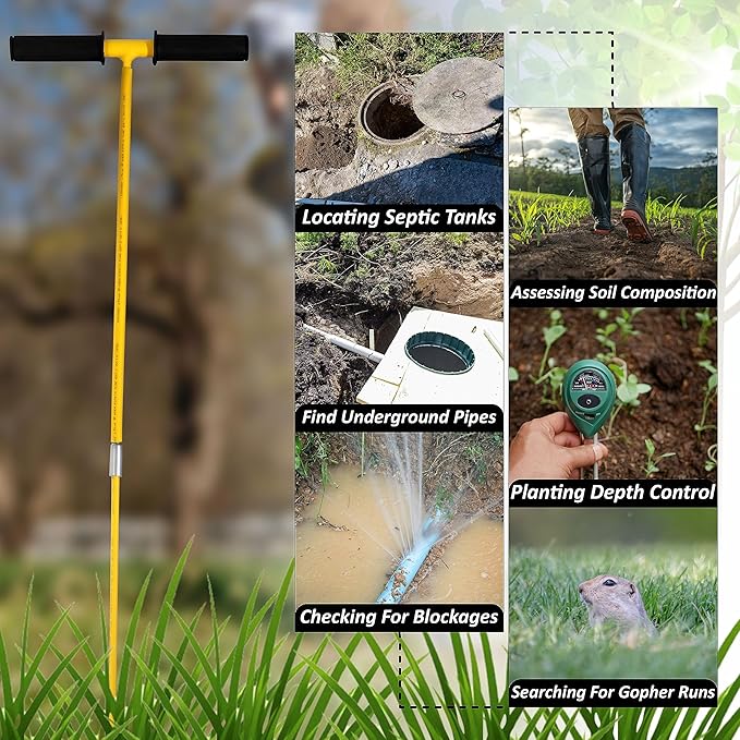 FEBTECH - Metal Soil Probe Rod - Insulated Septic Tank Probe - 48-Inch Long Overall, 3/8" Septic Tank Finder Probing Rod,T-Handle Septic Tank Locator Tool For Gardening, Agriculture, Septic Systems