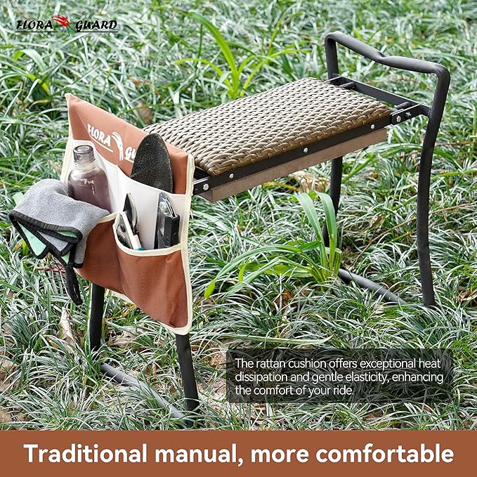 FLORA GUARD Garden Kneeler and Seat, Heavy-Duty Foldable Garden Kneeling Pad, High Breathability Artificial Rattan Shaped Cushion with Tool Bags, Gardening Gift for Gardeners and Seniors