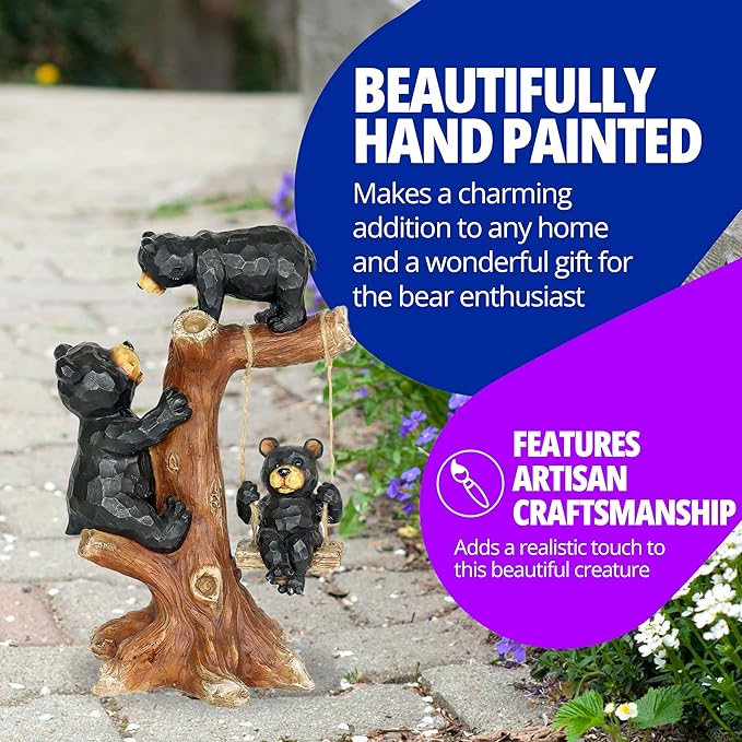 Exhart Garden Sculpture, Bear Family Tree Garden Statue with Real Swing, Outdoor Lawn and Yard Art Decoration, 9 x 6.5 x 14 Inch