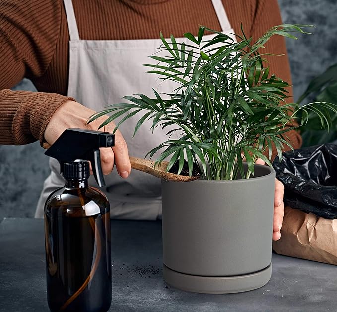 D'vine Dev Set of 2 Plants Pots, 6 Inch Ceramic Planter Pot for Plants with Drainage Hole and Saucer, Speckled Grey, 94-V-C-3