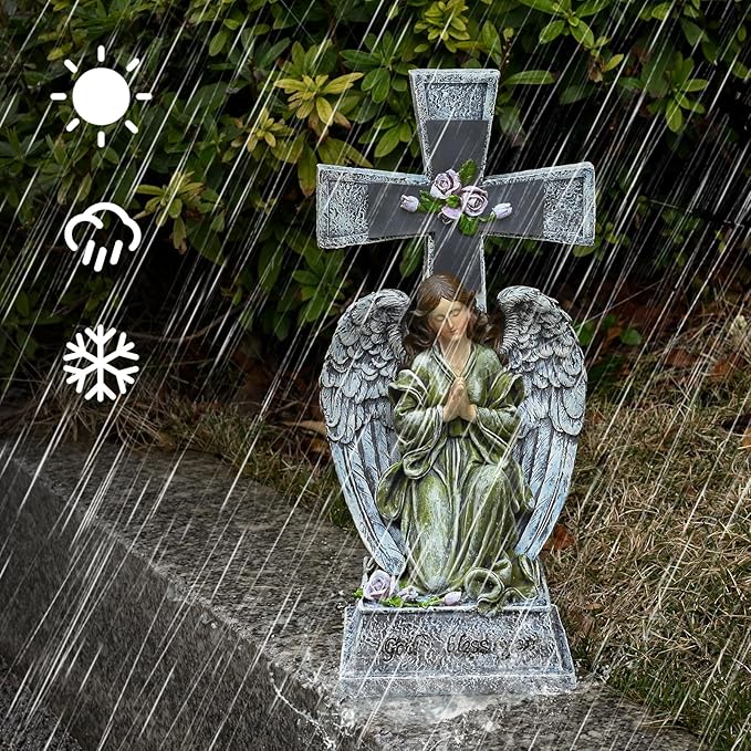 Yiosax-Solar Angels for Cemetery-Garden Statue Lights Decor - Before The Cross on One Knee Wings Praying Angel Figurine Bless You Cemetery Patio Lawn Yard Porch Decorations