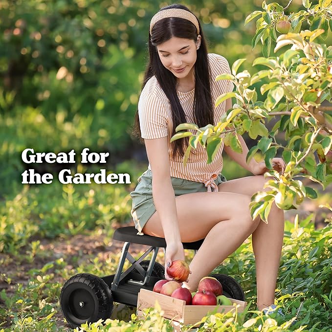 Pure Garden Gardening Stool - Rolling Garden Seat with Wheels and Storage Tool Tray - Garden Cart Scooter - Yard Tools (Black)