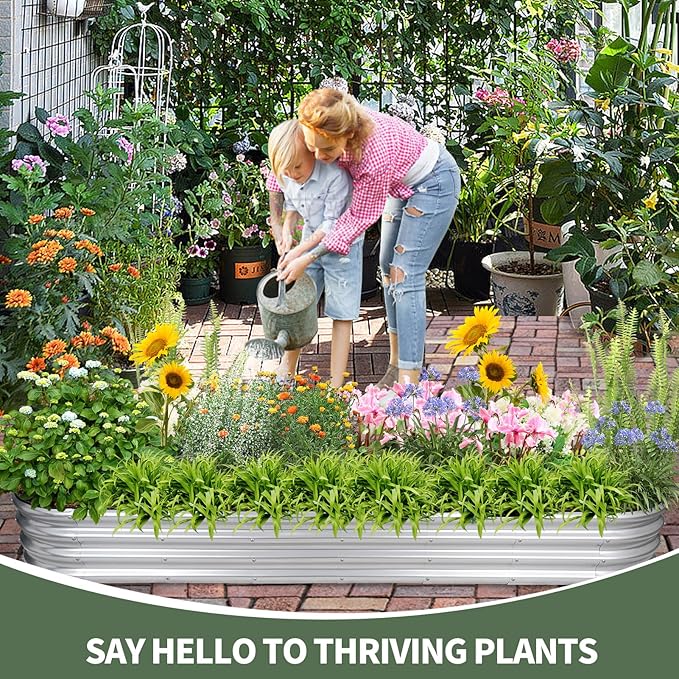 1MORE Galvanized Raised Garden Bed- Planter Garden Boxes Outdoor, Raised Beds for Gardening, 8x2x1ft Metal Garden Bed Kit for Vegetables Flower, Planter Raised Beds with Protective Tape & Tools.Silver