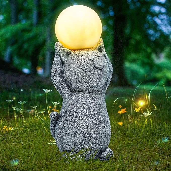 Solar Garden Decor Cat Moon Outdoor Statue and Figurine Lights, Outdoor Patio Sculpture Decor LED Light Gifts for Mom or Daughter, Garden Statues Birthday Gifts for Women Home and Yard with Solar Lamp