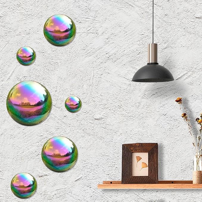 Nerien Gazing Ball, Stainless Steel Garden Mirror Globe, Polished Ornament Sphere, Hollow Floating Reflective Hemisphere, for Home Outdoor Pond Housewarming Swimming Pool Decoration, Gold, 6Pcs Mix
