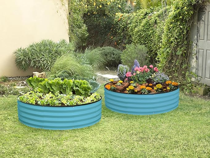 Round Galvanized Raised Garden Bed // 4×4×1 ft Galvanized Raised Garden Beds Outdoor for Gardening, Vegetables, Flowers // Patented Tool-Free Design Round Planter (Teal)