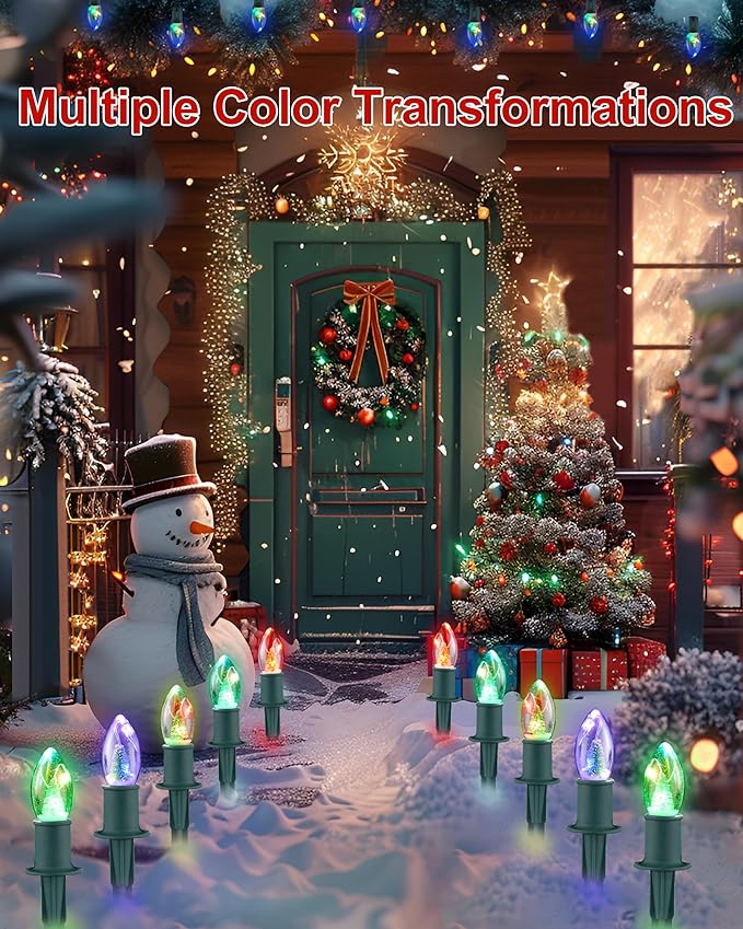 VCOKEN Christmas Pathway Lights Outdoor, 24.5FT Connectable C9 Christmas Lights with 20 LED and Stakes, Multicolored Waterproof C9 Christmas Walkway Lights Outdoor Decorations for Lawn Yard Sidewalk