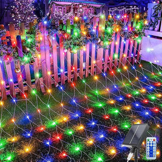Christmas Net Lights, 204 LED Outdoor Mesh Lights Waterproof, Bush Solar Net Lights with 8-Lighting Modes for Tree Garden Yard Christmas Wedding Party Decoration(Multi-Colored)