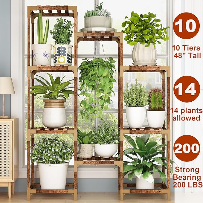 HOMKIRT Plant Stand for Indoor Outdoor, 10 Tier Tall Plant Shelf Large Plant Rack Table Holder Flower Stand for Multiple Pots for Patio Porch Living Room Balcony Corner Garden Office Boho Decor