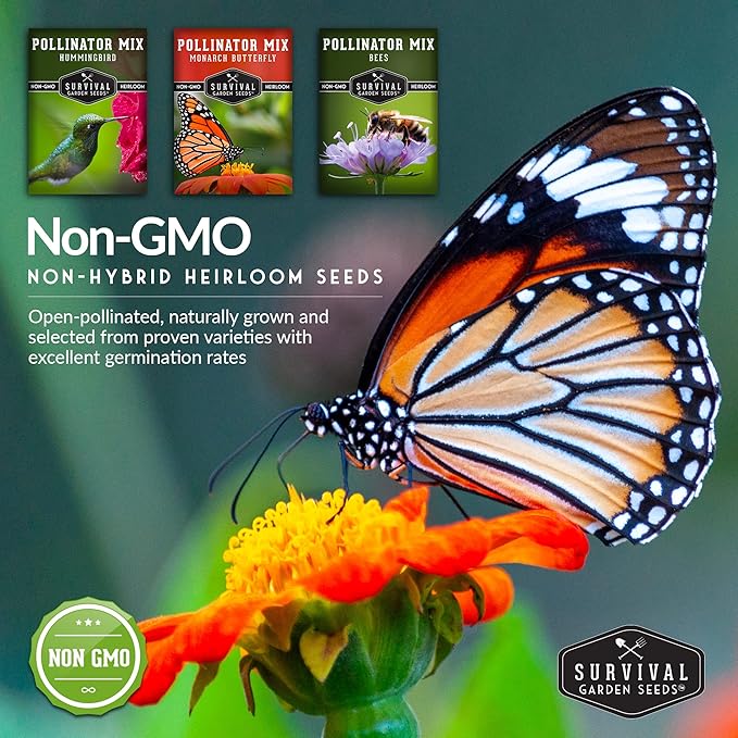 Survival Garden Seeds Pollinator Flower Collection - 3 Seed Packs for Planting & Attracting Butterflies, Bees, Hummingbirds - Nectar & Pollen Rich Perennial & Annual Wildflowers - Non-GMO Heirloom