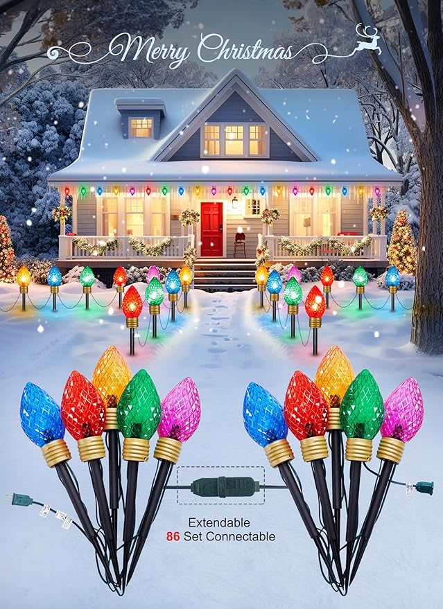 2 Pack Jumbo Lights C9 Christmas Pathway Lights Outdoor - 10.5 Feet 5 Lights Strawberry C9 Walkway Lights, C7 Lights Covered Jumbo Multicolor Light Bulb Outdoor Decorations for Lawn Garden Outside