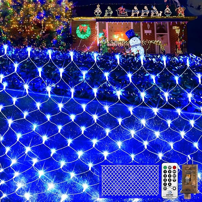 KNONEW Christmas Net Lights 360 LEDs 13ft x 9.8ft Outdoor Mesh Lights Connectable Waterproof 8 Modes & Timer Plug-in Net Fairy Lights for Bushes Garden Party Wedding Holiday,Blue