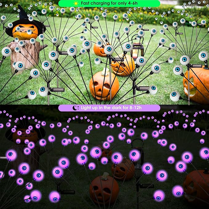 Solar Halloween Lights - 4 Pack 40LED Outdoor Waterproof Scary Eyeball Swaying Firefly Lights for Yard Garden Patio Party Decor Purple