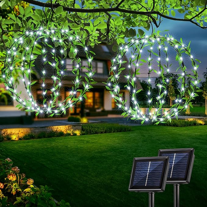 Joomer Solar Hanging Lights Outdoor, 2 Pack 12in 120 LED Solar Globe Lights, 8 Modes Waterproof Foldable Metal Sphere Light with Hook for Garden Yard Porch Decor- White (Ball with Green Leaf)