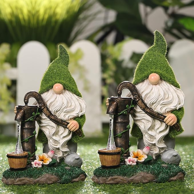 TERESA'S COLLECTIONS Resin Garden Gnomes Decor with Solar Lights, Green Outdoor Decorations for Porch Patio, Gifts for Women and Men，Outdoor Garden Decor Ornaments for Outside, 10"