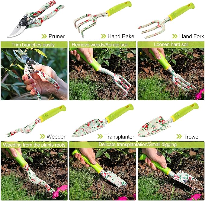Gardening Tool Set - 13 PCS Heavy Duty Aluminum Gardening Tools Kit Floral Print Garden Tool Set with Non-Slip Rubber Handle & Durable Storage Tote Bag Gardening Supplies Gifts for Women Men