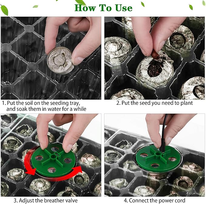 3 Pack Seed Starter Tray Kit with Grow Light Germination Trays with Humidity Dome, 120 Peat Pellets, Gardening Tools, Plant Labels, Plant Growing Trays for Seeds Growing Starting, Black