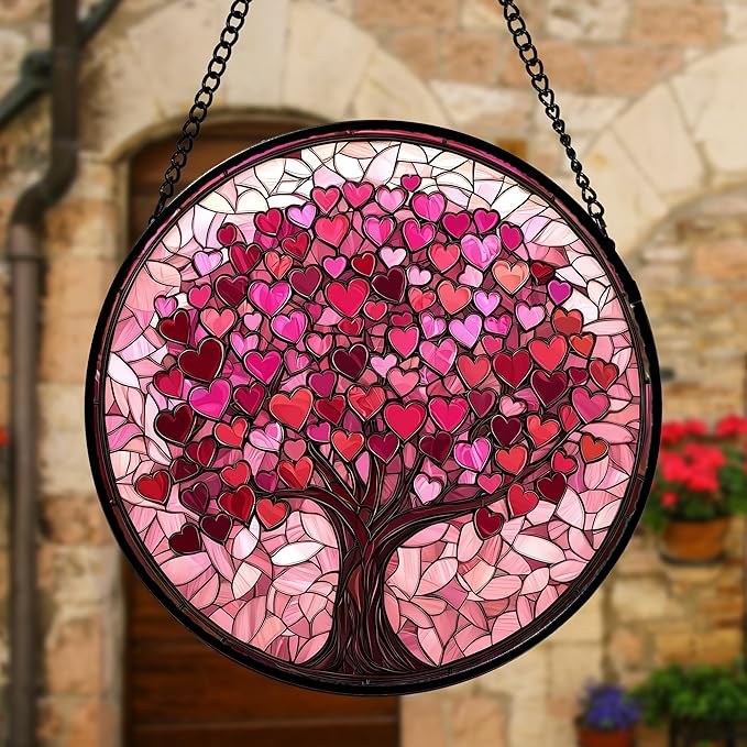 Stained Glass Window Hanging, Pink Love Tree of Life Sun Catchers Colorful Glass Panel Suncatcher Decor for Birthday for Women, Men, Wife, Lovers, and Mom 6.3 in