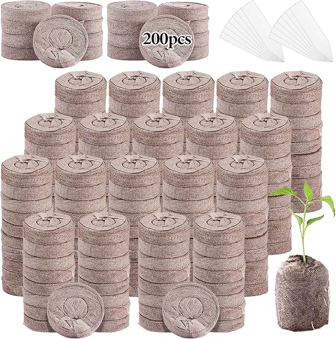 200 Pcs Peat Pellets for Seedling - 30mm Seeds Plant Starter Plugs, Compressed Fiber Garden Soil Block with 200 Labels, Plant Pods Bulk for Transplanting Herbs Flowers Vegetables