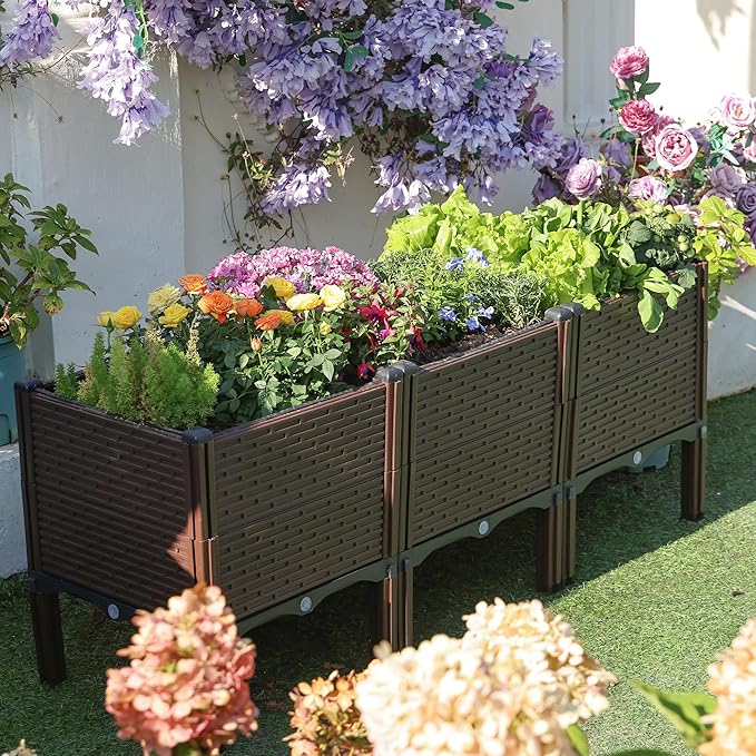 47x15x19in Raised Garden Beds Outdoor, Polypropylene Elevated Planter Boxes Outdoor for Vegetables, Flowers, Herbs, Garden Box with Drain Outlet, Heat and Frost Resistance Planters, 330lb Capacity