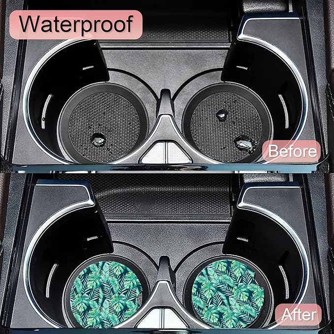 Green Tropical Foliage Palm Leaves Car Coasters,Ceramic Absorbent Cup Holders with Finger Notch & Cork Base Car Assecories for Women/Men 2.6"(2 Pieces)