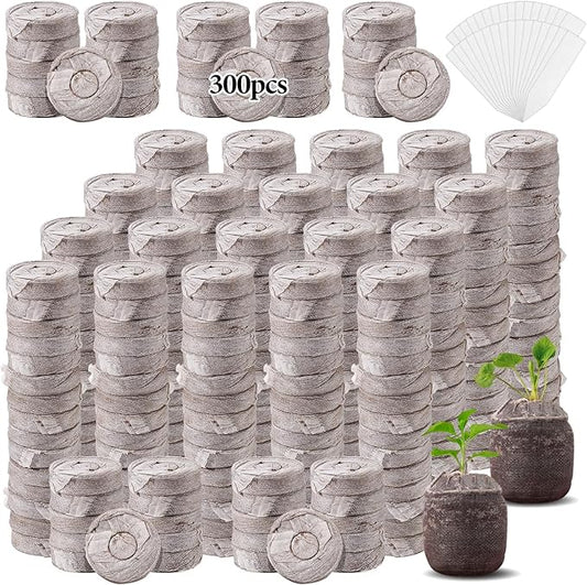 300 Pcs Peat Pellets for Seedling - 30mm Seeds Plant Starter Plugs, Compressed Fiber Garden Soil Block with 300 Labels, Plant Pods Bulk for Transplanting Herbs Flowers Vegetables